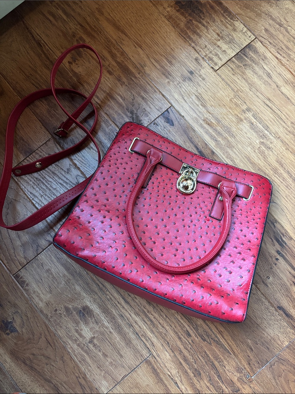 Red Fauxe-Ostrich MK Satchel Handbag with Gold Accent